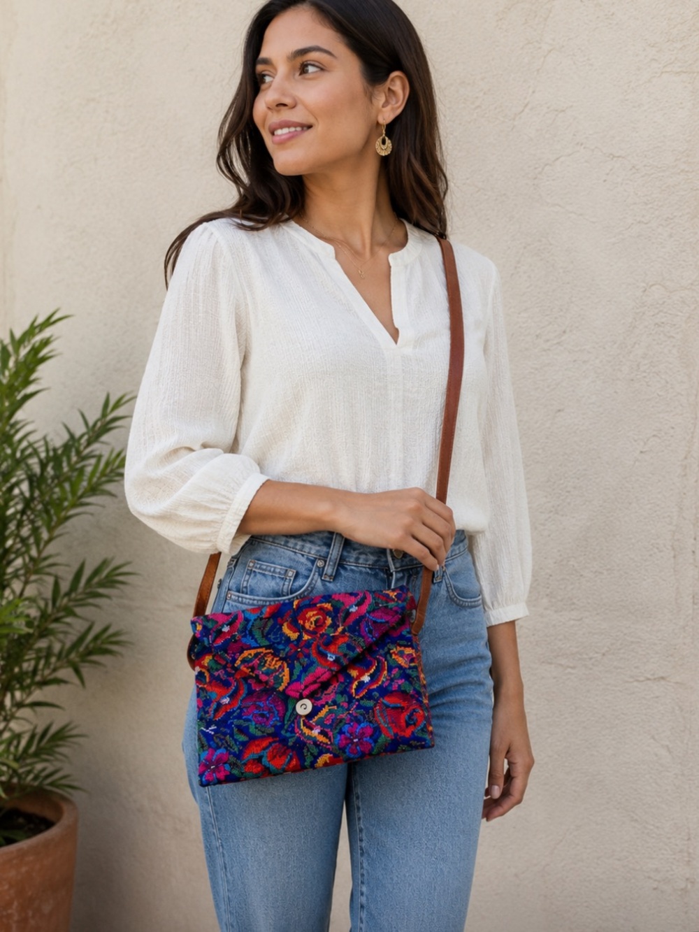 Blue and Red Crossbody Bag with Artisanal Design Huipil
